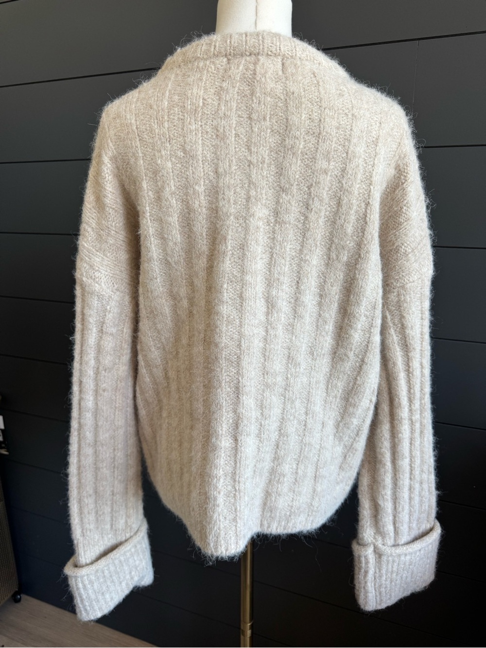 J. inc. Warm Ribbed Crewneck Sweater Cream Ribbed Fisherman Wool Blend - Picture 2 of 6